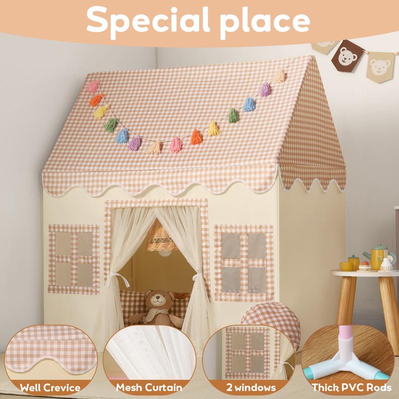 Sumbababy Princess Tent Castle House for Girl with Blue Checkered, Mat, Colorful Hangings, Star Lights Princess Kid Toy Gift Indoor Outdoor Game