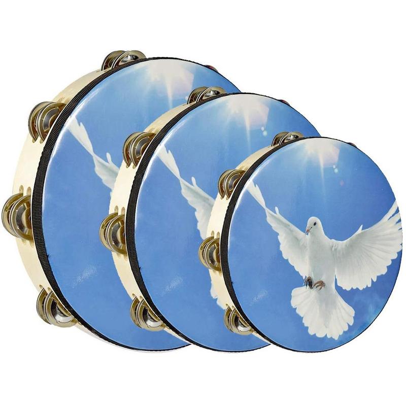 6 8 10 Inch Double Row Stainless Steel Bells Wooden Frame Tambourine Hand Drum, 1 Count Peace Dove Pattern Drumhead, Music Accompaniment Drum