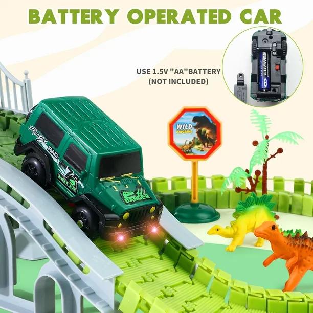 215 Pcs Glow-in-the-Dark Dinosaur Park Jurassic Race Track Train Playset Toys for Kids Car 215 PCS Road Toys for Boys,Girls,Best Toys Gift