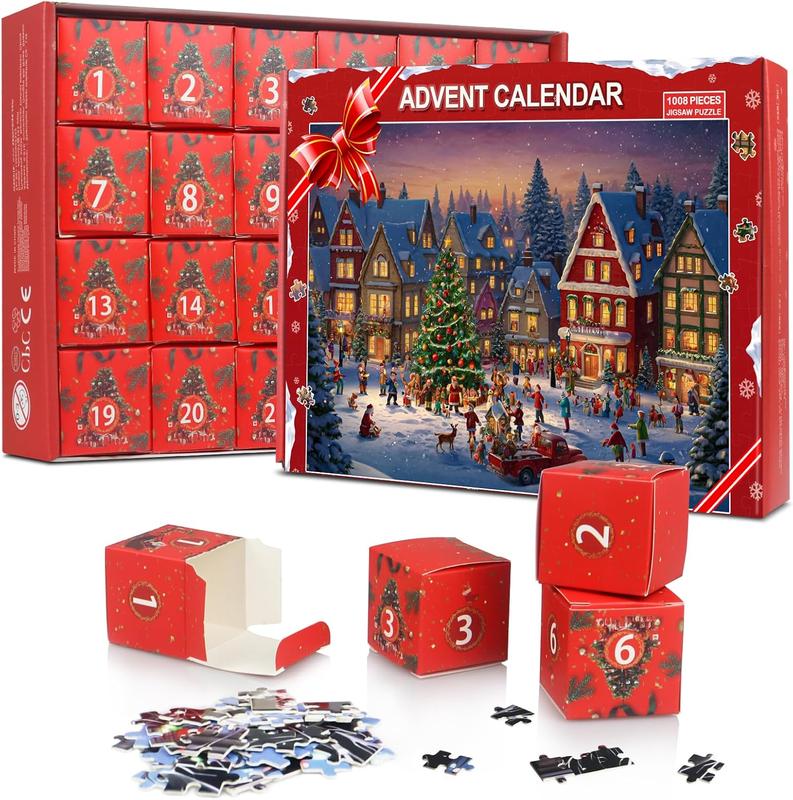 Puzzle Advent Calendar 2024, 24 Days of Christmas Countdown, 1008 Pieces, Red