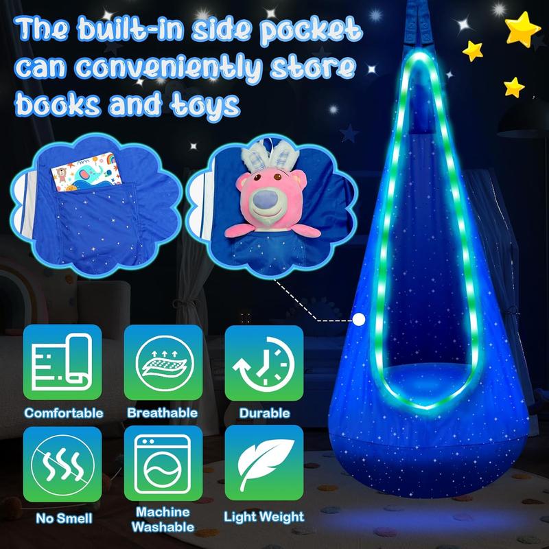 Light Up Kids Pod Swing Seat, Kids Hanging Hammock Swing Chair with LED Lights & Inflatable Pillow, Sensory Swing Pod Swing for Kids