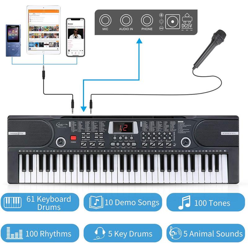 61 Key Music Electronic Keyboard Electric Digital Piano Organ with Stand & Mic