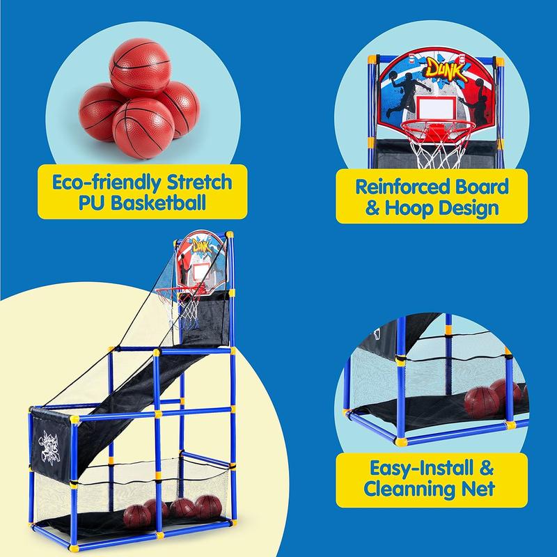 Arcade Basketball Game Set with 4 Balls and Hoop for Kids 3 to 12 Years Old Indoor Outdoor Sport Play - Easy Set Up - Air Pump Included - Ideal for Competition