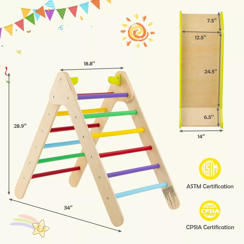 Kids Triangle Climber with Slide, 2-in-1 Wooden Climber Set with Safety Handrail, Height Adjustable Ladder for Climbing & Sliding, Indoor & Outdoor Playground Climber Ladder Set for Boys & Girls