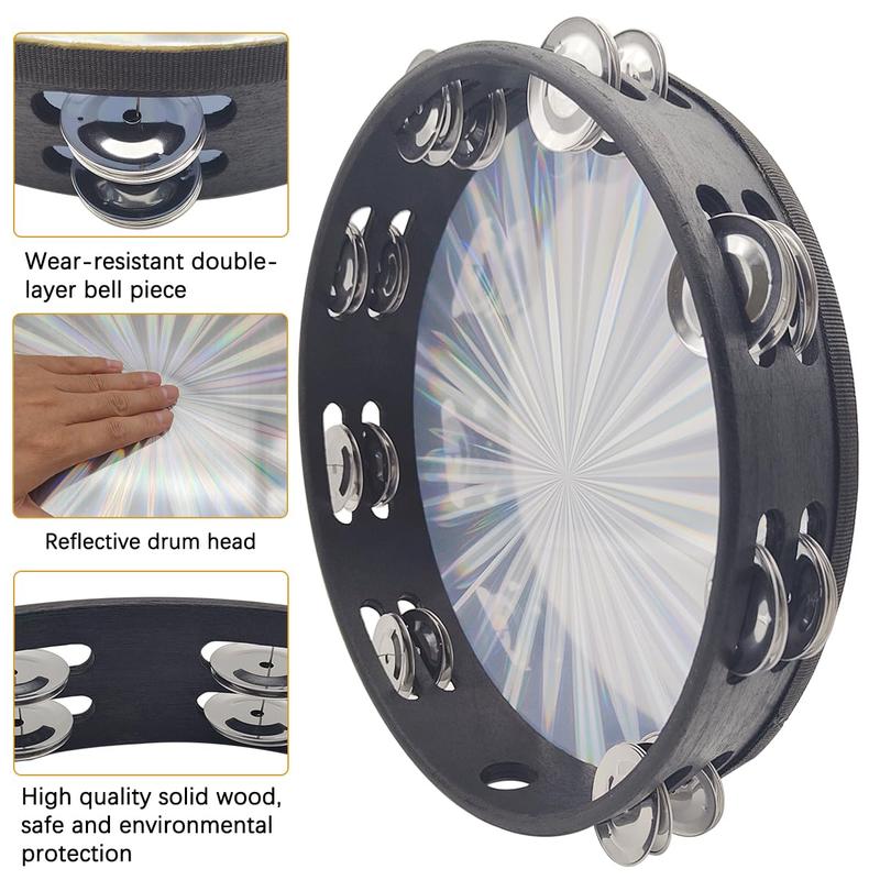 6 8 10 Inch Radiant Tambourine, Double Row Jingles Handheld Drum, Reflective Tambourines for Adults, Musical Instrument for Church, Dance, Party, KTV