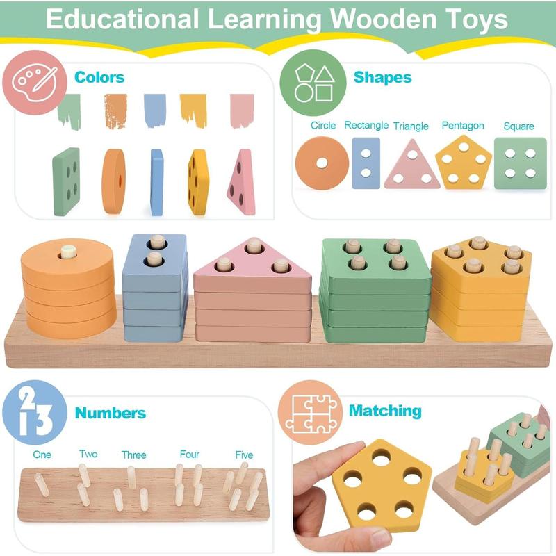 Montessori Wooden Sorting and Stacking Toys, Preschool Fine Motor Skill Toy, Ideal Gift for Boys Girls