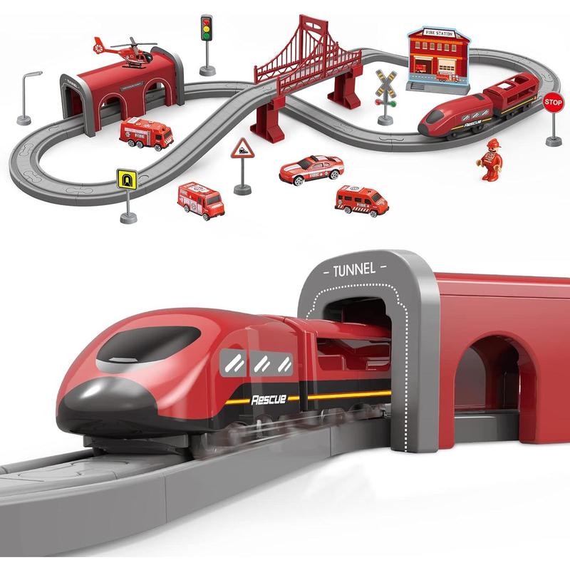 Train Sets for Boys 4-7, 66 Pcs Battery Operated Train Set with Tracks(Magnetic Connection), Compatible with Thomas, Brio, Chuggington, Gifts for 3 4 5 6 Years Old (Fire Engines)