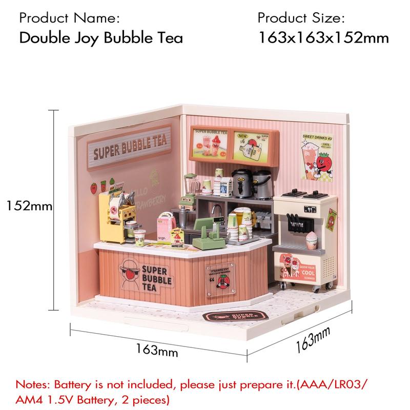 Rolife Super Creator Double Joy Bubble Tea Plastic DIY Miniature House Kit DW006 Plastic House Building Set Toy DIY Miniature Dollhouse Playset with LED for Mini Figures Construction Toys Diorama Kit Gifts for Teens Adults building bricks dust cover