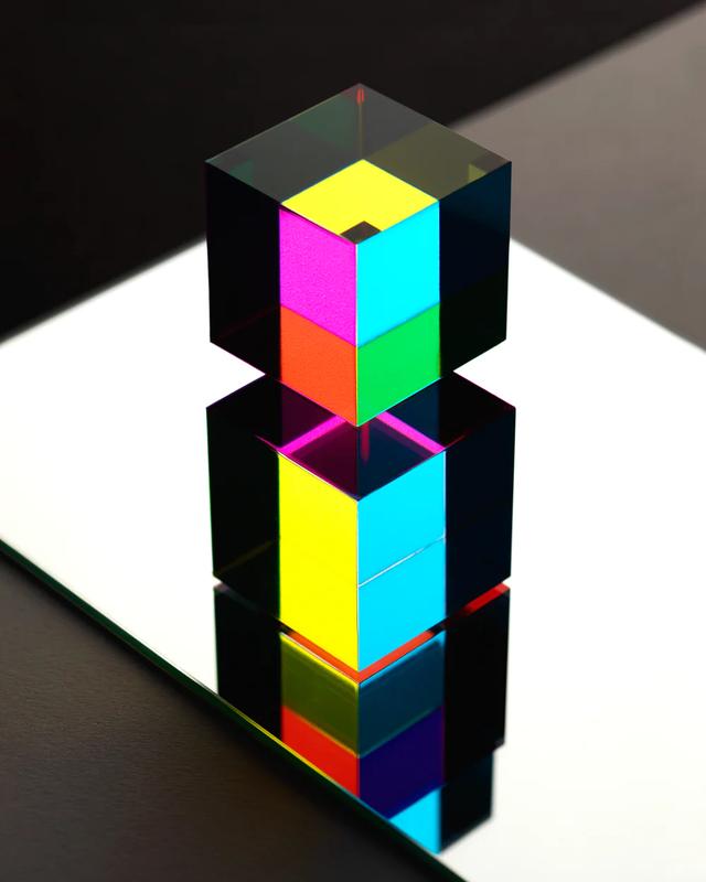 Color Mixing Cube with Display Stand – 2 Inch Cyan, Yellow, & Magenta Acrylic Prism Optical Physics Desk Decor – Satisfying Silent Fidget Toy