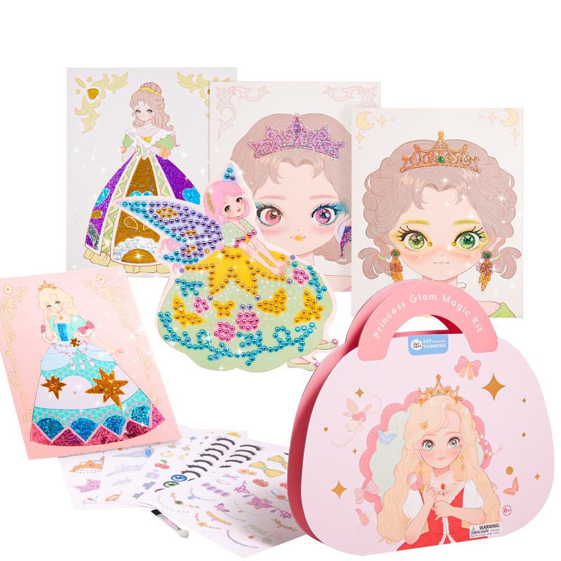 JarMelo Princess Art Craft Kits Foil Art & Diamond Painting Books Kids Make Up Set Play on Paper, Princess Glam Magic Crafts Kit for Girl Gifts