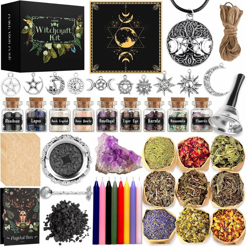 Witchcraft Supplies Kit for Spells, 56 PCS Witch Box Include Dried Herb Crystal Candles Amethyst Cluster Parchment, Wiccan Supplies and Tools, Beginner Witchcraft Kit Witch Stuff for Pagan Rituals