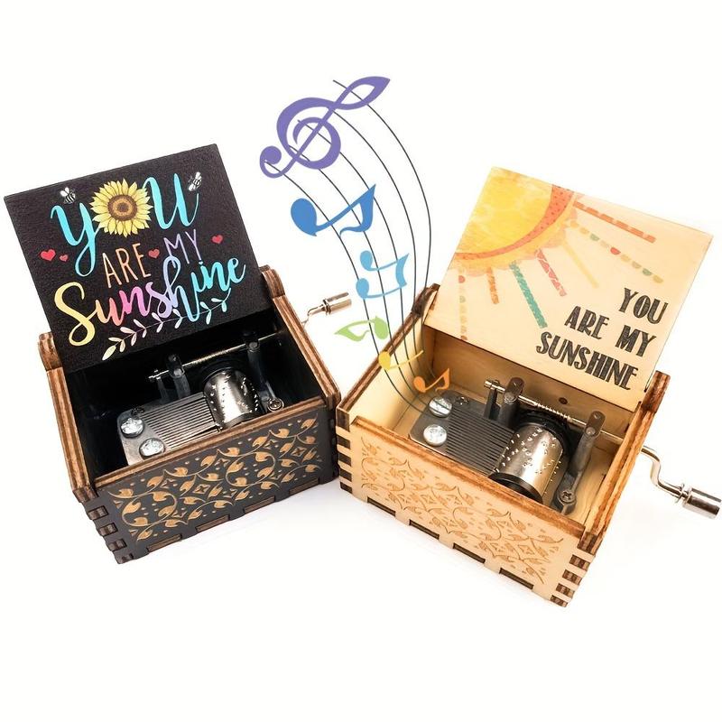 Letter & Sun Pattern Wooden Music Box, 1 Count Hand Crank Music Box, Gift for Wife & Mom & Dad, Birthday & Christmas & Valentine's Day Gift