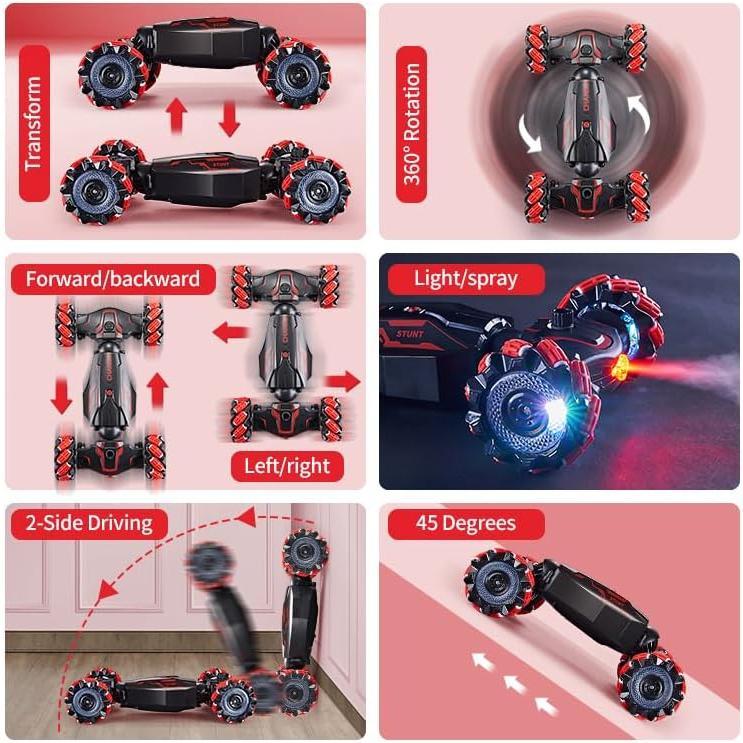 4WD Remote Control Gesture Sensor Car,Hand Controlled RC Stunt Car,Double-Sided Vehicle 360? Rotation with Light and Music Spray, Watch Toy Cars for Boys & Girls Birthday