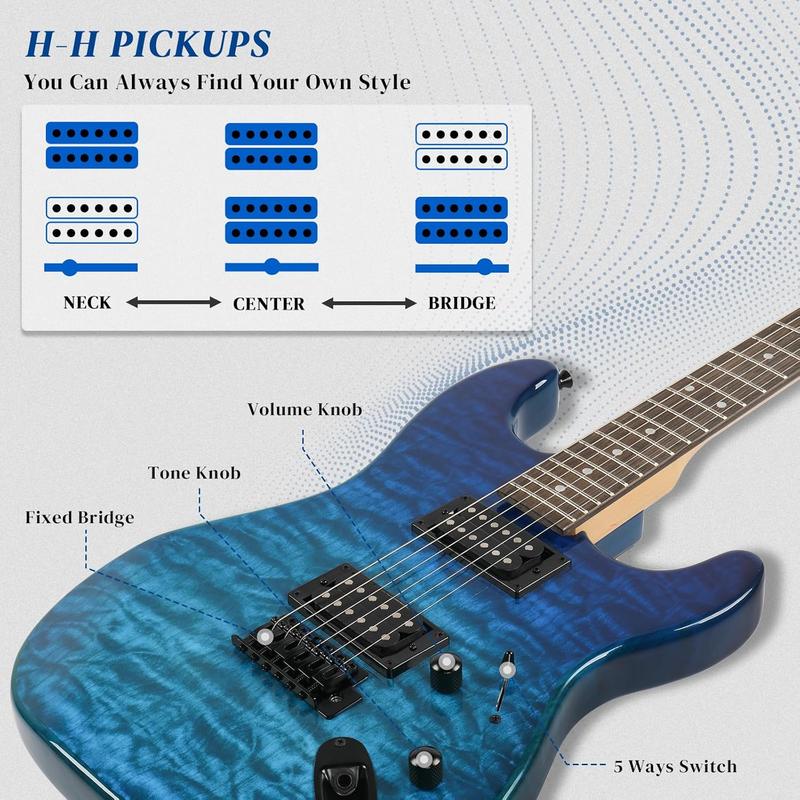 Ktaxon 39 Inch Electric Guitar, Full Size Solid Body H-H Pickups 6 Strings Beginner Guitar Kit With Upgrade Cable & Guitar Capo, Tremolo Arm, Gig Bag & Strap (Ocean Blue)