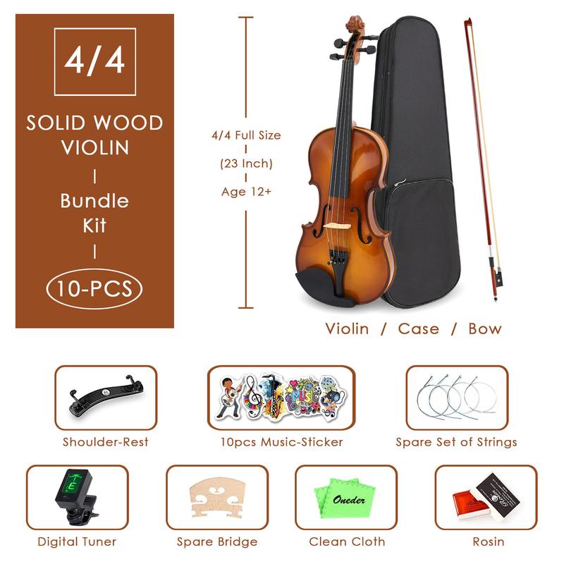 Oneder 4 4 Rainbow Violin Set Full Size for Adults Beginners with Hard Case, Shoulder Rest, Rosin, Bow, Tuner, Extra Bridge Strings, 10 Music Stickers