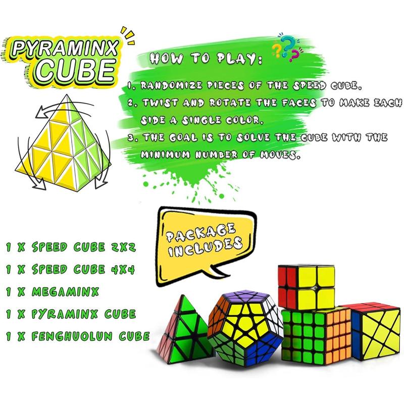 Speed Cube Set, Puzzle Cube, 2x2 4x4 Pyraminx Pyraminx Pyramid Phoenix Wheel Puzzle Cube Toy Gift for Children and Adults, 5-piece Set