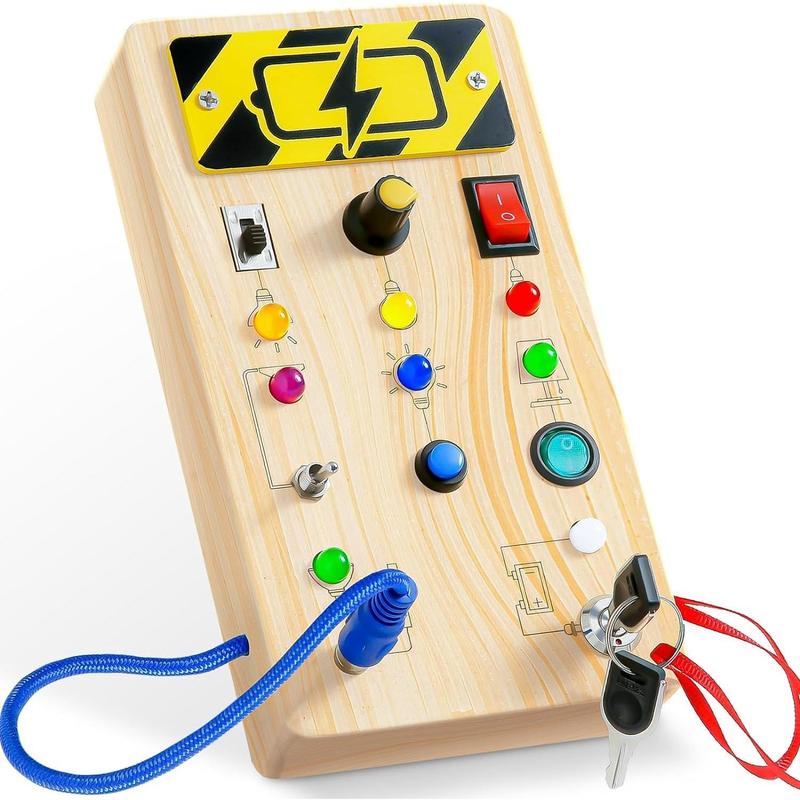 Children's busy board, equipped with 8 LED light switches, travel toys for children, wood sensory toys, gifts for boys and girls, travel essentials.