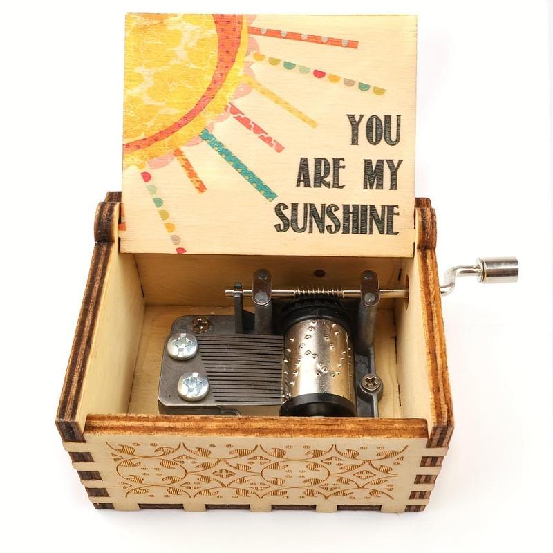 Letter & Sun Pattern Wooden Music Box, 1 Count Hand Crank Music Box, Gift for Wife & Mom & Dad, Birthday & Christmas & Valentine's Day Gift