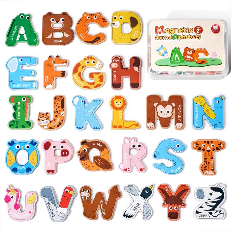 JoyCat Wooden Thick Alphabet Magnets Fridge Large Size Cute Animal Colorful ABC Magnetic Letters 26 Uppercase Letters and 0-9 Numbers Toy Set