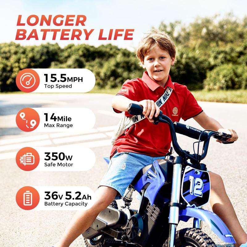 isinwheel A12 Electric Dirt Bike for Kids, 350W Motor,  Up to 15.5MPH,14 Miles Long-Range, 3-Speed Modes, LED Lights, Dual Shock Absorption, Electric Kids Motorcycle for Ages 3-10