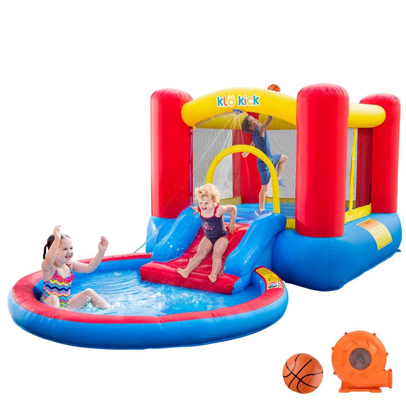 Klo Kick Inflatable Bounce House with Blower for Kids 3-5 y o, Bouncy Castle w Waterslide & Pool for Wet Dry Combo- Red