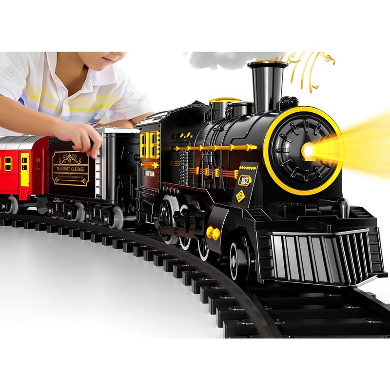 Christmas Gifts Retro Classic Locomotive Engine, Cargo Car and Long Track,Rechargeable Battery Operated Play Train Toys with Smoke, Light&Sounds