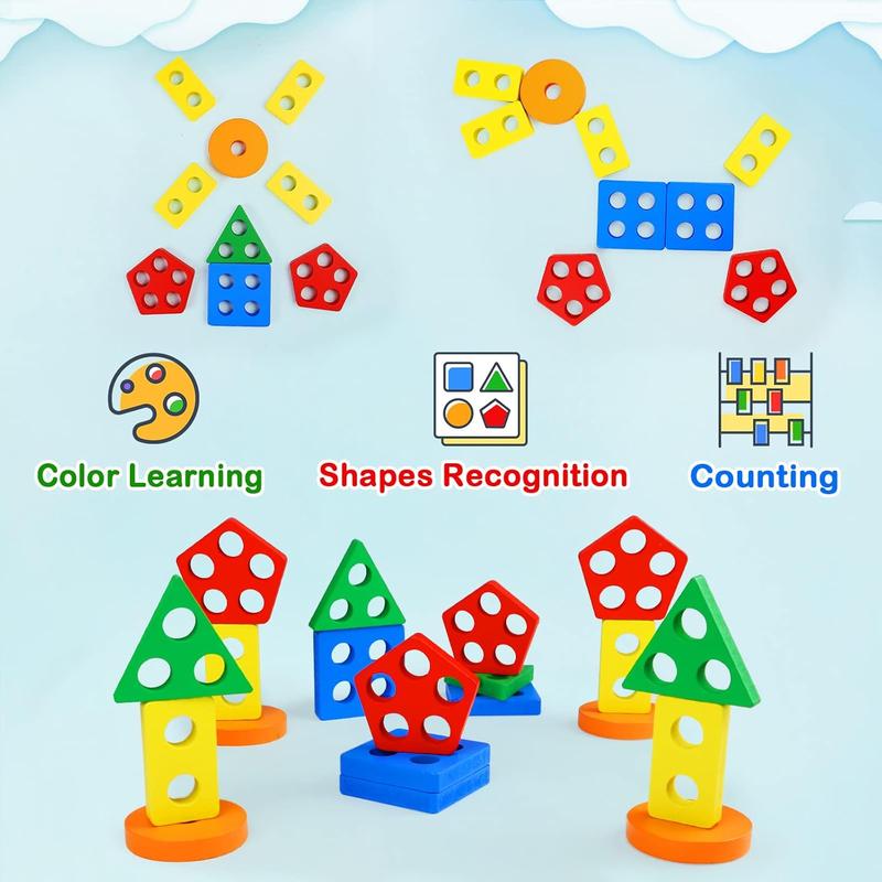 Montessori Toys for 1 to 3-Year-Old Boys Girls Toddlers, Wooden Sorting & Stacking Toys for Toddlers and Kids Preschool, Educational Toys