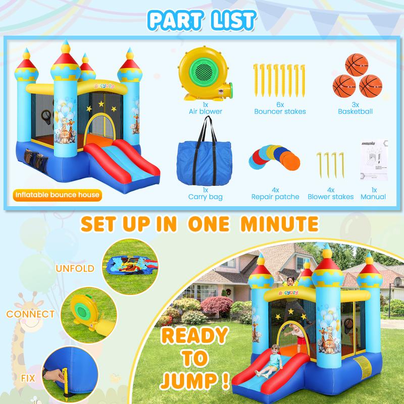 AKEYDIY Bounce House, Outdoor Indoor Fun Bouncy House with Blower, Tropical Jungle Animals Party Bouncer Slide & Jumping Area, Ball Toss Game, Backyard Inflatable Bounce House Gift for Kids 4-8