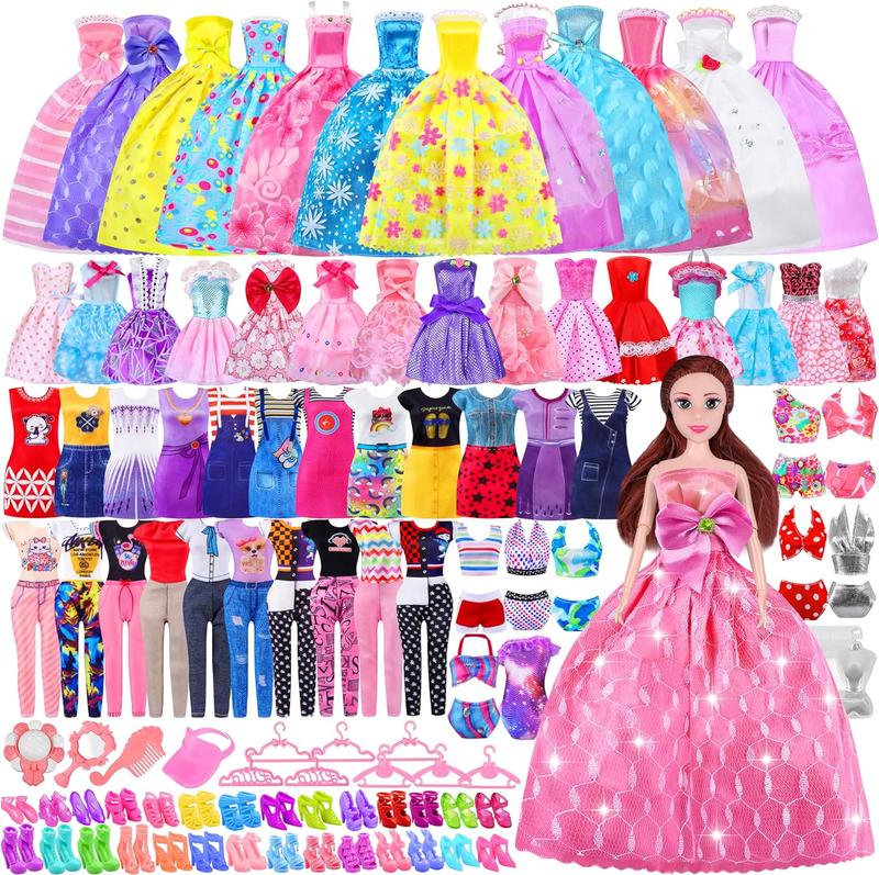 Christmas 76 Pcs Doll Clothes and Accessories with Doll, Princess Gowns, Fashion Dresses, Slip Dresses, Top, Pants, Jumpsuit, Swimsuits, Shoes, Hangers, Doll Dress up Toys for Girls Kids Toddlers Toy Gifts