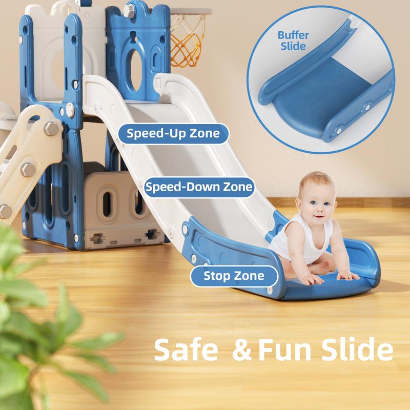 KORIMEFA 5-in-1 Toddler Slide Set in Blue Freestanding Climber Playset for Kids, Outdoor Indoor Playset with Basketball Hoop and Ball