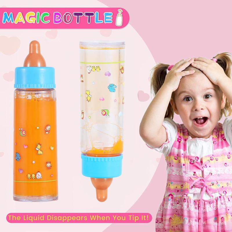 Magic Disappearing Milk and Juice Bottles with Pacifiers for Baby Doll Accessories,6 Pieces Pretend Play Feeding Toy Set, 4 Bottles and 2 Pacifiers