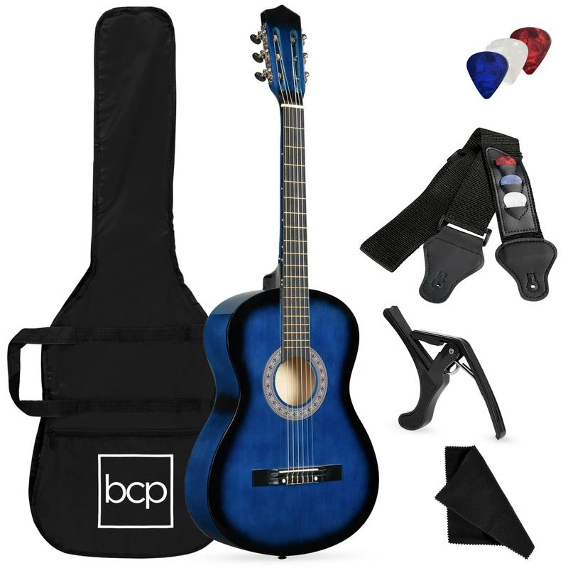 38in Beginner Acoustic Guitar Starter Kit w  Gig Bag, Strap, Strings - Light Blue, Dark Brown, Black, Blue - YOUTH MUSIC