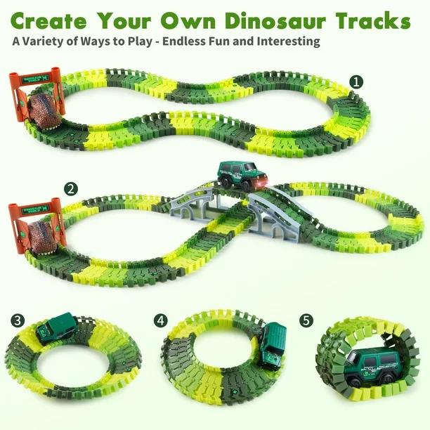 215 Pcs Glow-in-the-Dark Dinosaur Park Jurassic Race Track Train Playset Toys for Kids Car 215 PCS Road Toys for Boys,Girls,Best Toys Gift