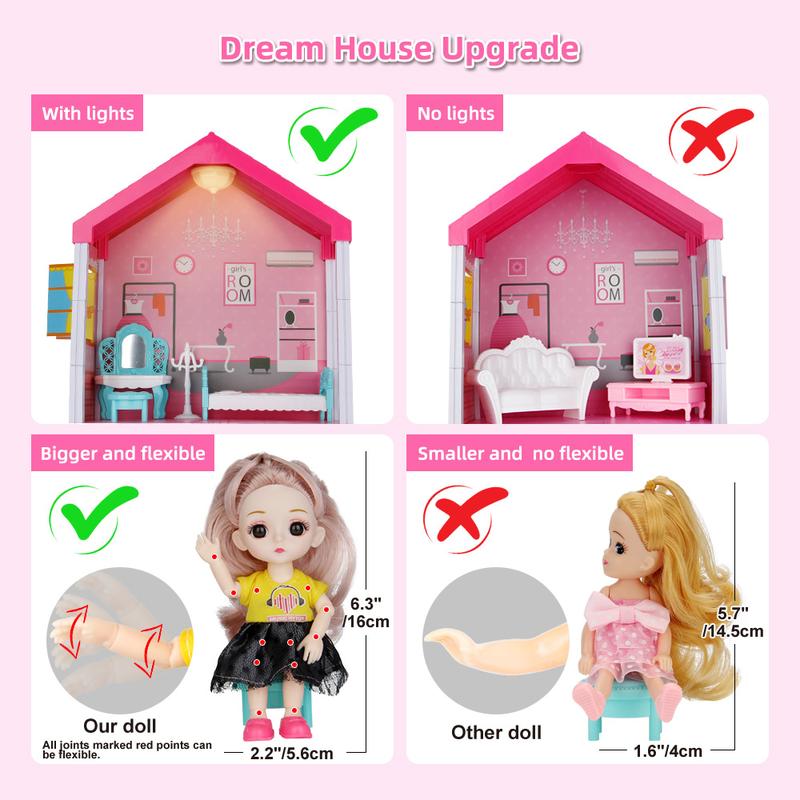 Dollhouse Building Toys, Princess Doll House, Playset with Lights, Furniture, Accessories and Dolls, Cottage Pretend Doll House Set, Creative Present for Girls Toddlers (4 Rooms)