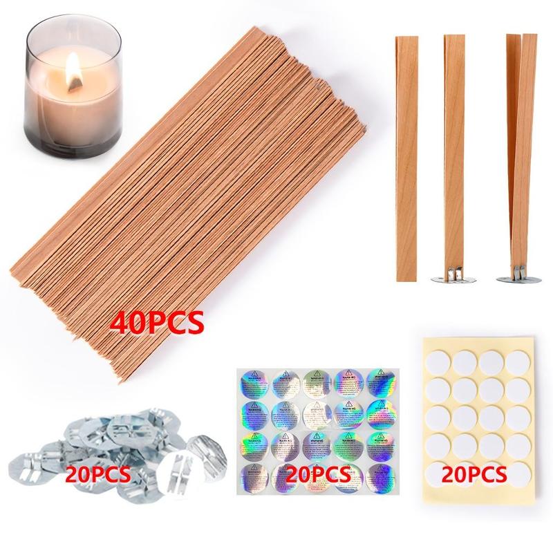 Wooden Candle Wicks Kit, 70 100 200pcs set Candle Making Wicks & Candle Warning Stickers & Base Adhesive Stickers, Candle Making Accessories, DIY Candle Making Supplies for Home Decor