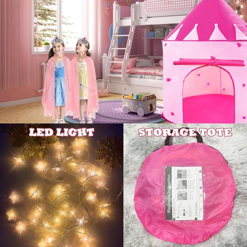 Christmas 15Pcs Princess Castle Play Tent Dress Up with LED Glow in The Dark Stars for Little Girls－Princess Dress Up Cape with Crown,Girl Play Tent House Toy for Indoor & Outdoor Use