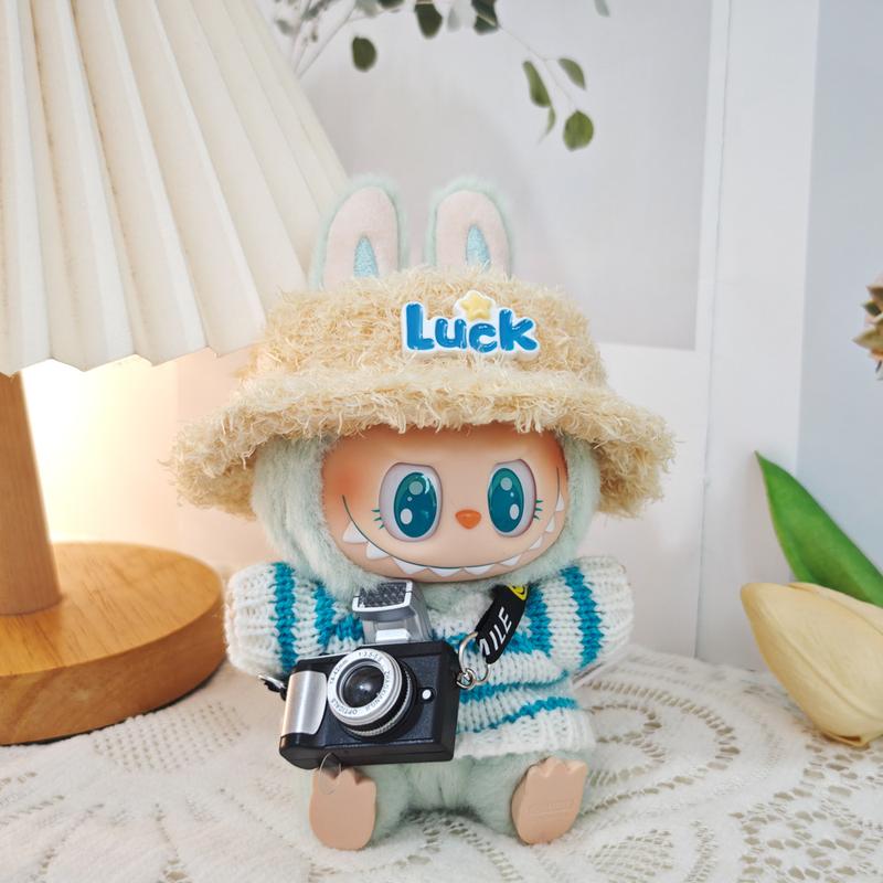 (Clothes Only) Doll Clothes labubu Monsters knit Clothes with Hat Bottle Camera Shoes Glasses, labubu Have A Seat and Macarons Version Christmas Winter Outfit