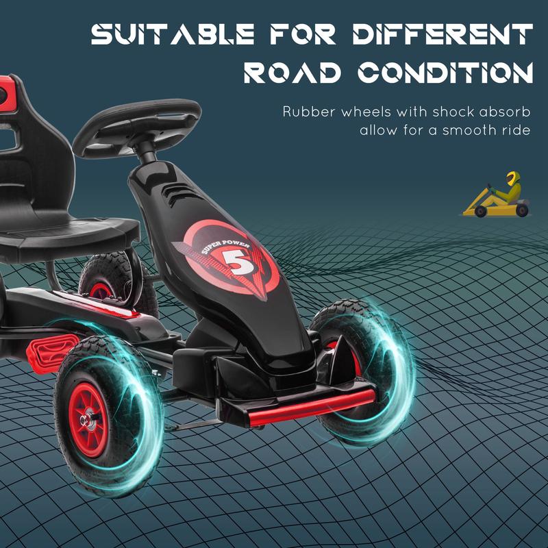 Aosom Kids Pedal Go Kart Ride-on Toy with Ergonomic Comfort, Pedal Car with Tough, Wear-Resistant Tread, Go Cart Kids Car for Boys & Girls with Suspension System, Safety Hand Brake, Ages 5-12