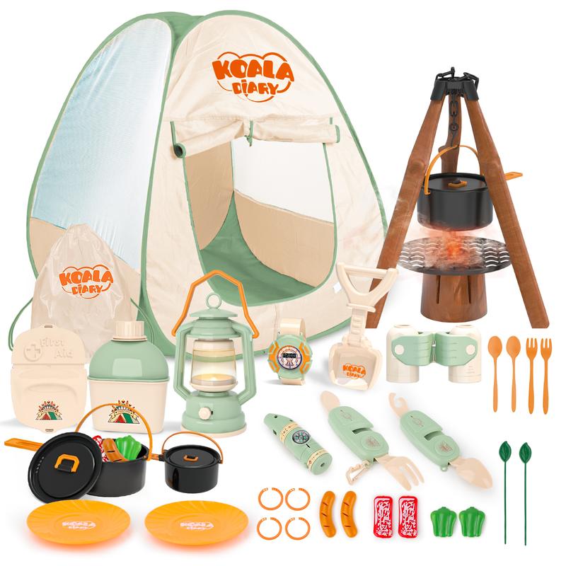 deAO Camping Toys Set with Play Tent,23 PCS Outdoor Pretend Camping Toys with Light & Spray Include Camping Tent,Pot and Dish