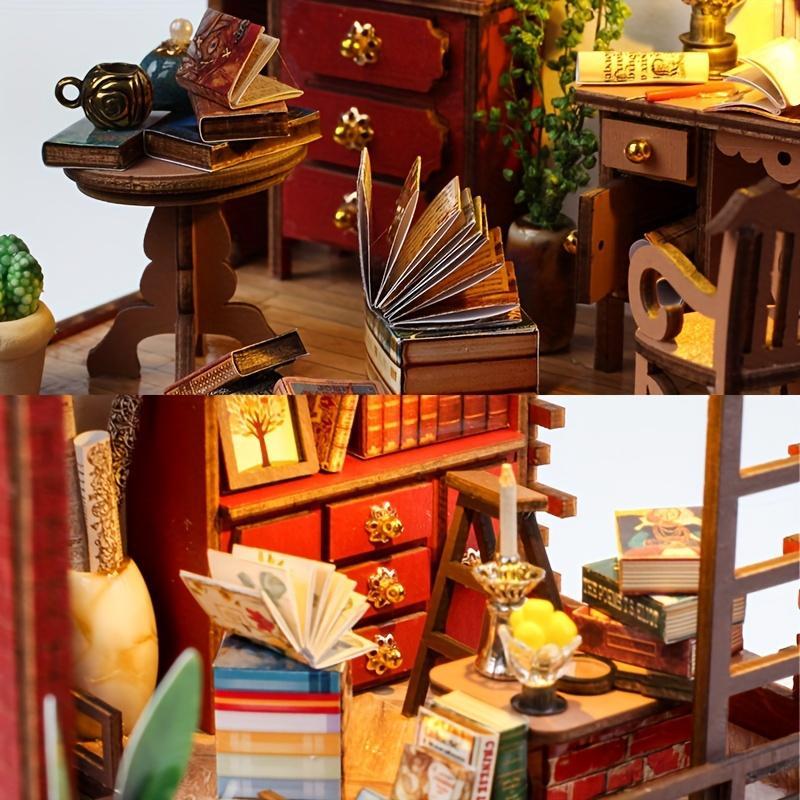 DIY Wooden Book Nook Kit, DIY Miniature House Kit with Light, 3D Desktop Decoration Ornament, DIY Model Kit for Bookshelf Decoration