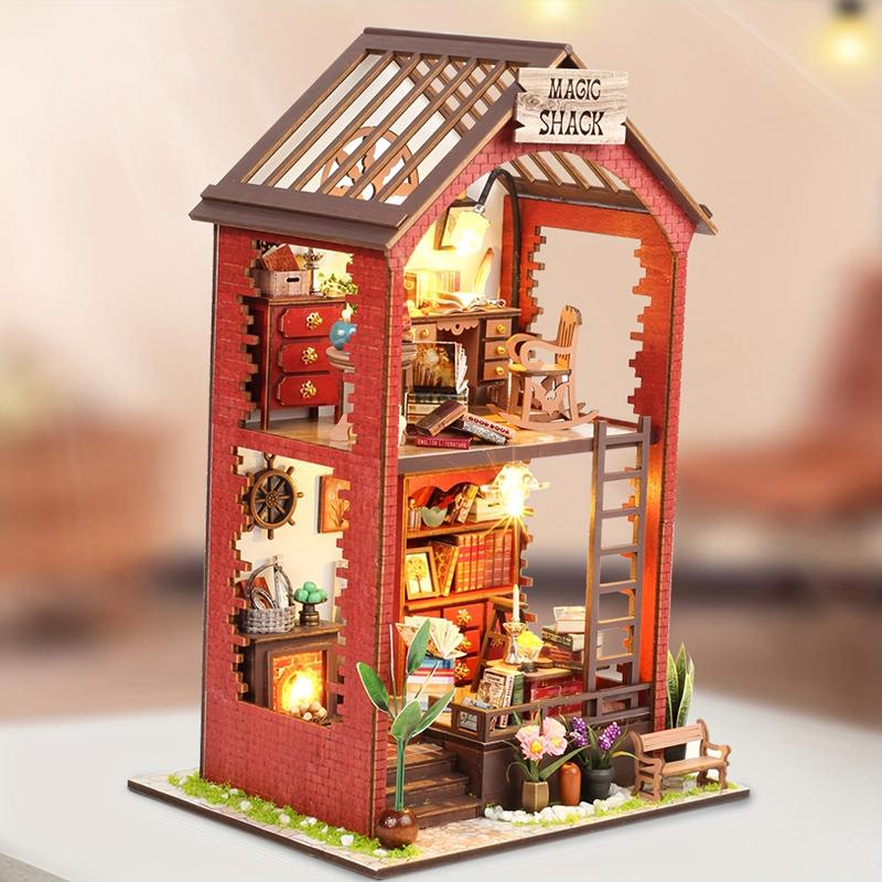 DIY Wooden Book Nook Kit, DIY Miniature House Kit with Light, 3D Desktop Decoration Ornament, DIY Model Kit for Bookshelf Decoration