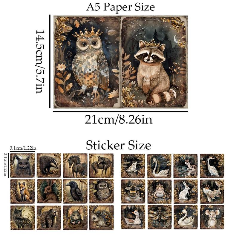 Forest Lake Animals Pattern Ephemera Set, 60pcs set Including 12sheets A5 Paper & 48pcs Sticker, DIY Decorative Sticker for Scrapbooking & Journal Making