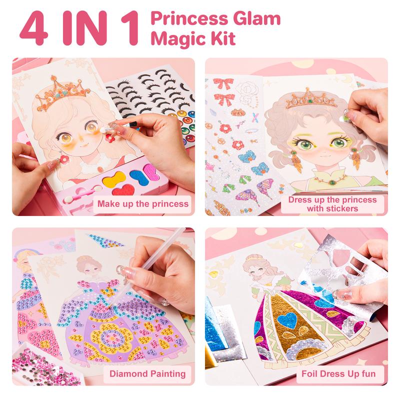 JarMelo Princess Art Craft Kits Foil Art & Diamond Painting Books Kids Make Up Set Play on Paper, Princess Glam Magic Crafts Kit for Girl Gifts