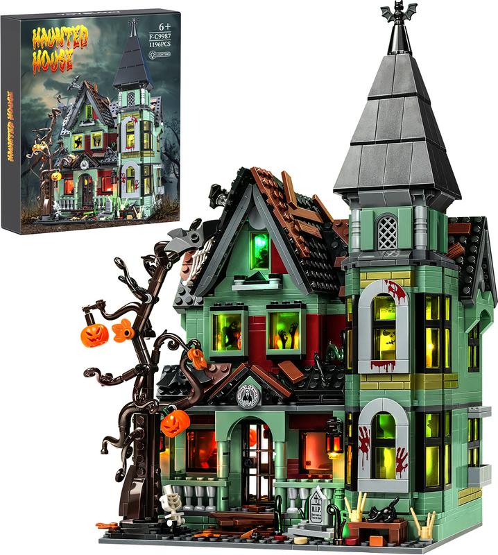 2024 Newest Haunted House Building Blocks Set with LED Light, Perfect Halloween Toys and Gifts for Fans and Kids (1196 pcs)