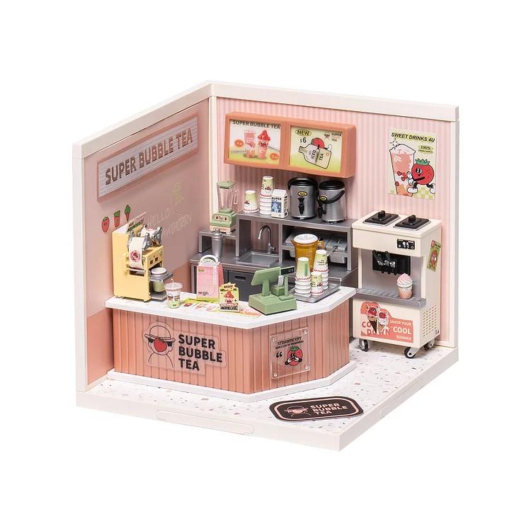 Rolife Super Creator Double Joy Bubble Tea Plastic DIY Miniature House Kit DW006 Plastic House Building Set Toy DIY Miniature Dollhouse Playset with LED for Mini Figures Construction Toys Diorama Kit Gifts for Teens Adults building bricks dust cover