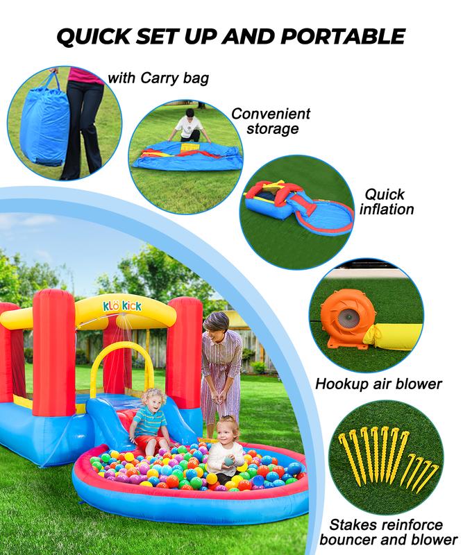 Klo Kick Inflatable Bounce House with Blower for Kids 3-5 y o, Bouncy Castle w Waterslide & Pool for Wet Dry Combo- Red