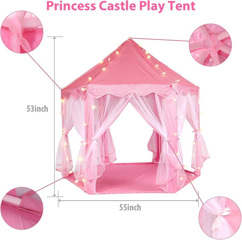 Halloween Gift for Kids Princess Tent with LED Star Lights,Kids Castle Play Tent for Girls,Large Playhouse Girl Toy Gifts Age 3+,55.5