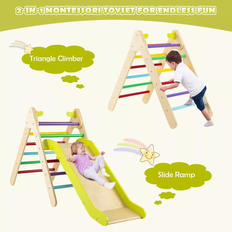 Kids Triangle Climber with Slide, 2-in-1 Wooden Climber Set with Safety Handrail, Height Adjustable Ladder for Climbing & Sliding, Indoor & Outdoor Playground Climber Ladder Set for Boys & Girls