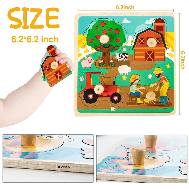 Montessori Toy, Puzzles Kit for Kids, Wooden Peg Puzzles 4 Pcs Montessori Educational Learning Puzzles Set - Dinosaur, Farm, Sea Animal and Fruit, Gift for Kids