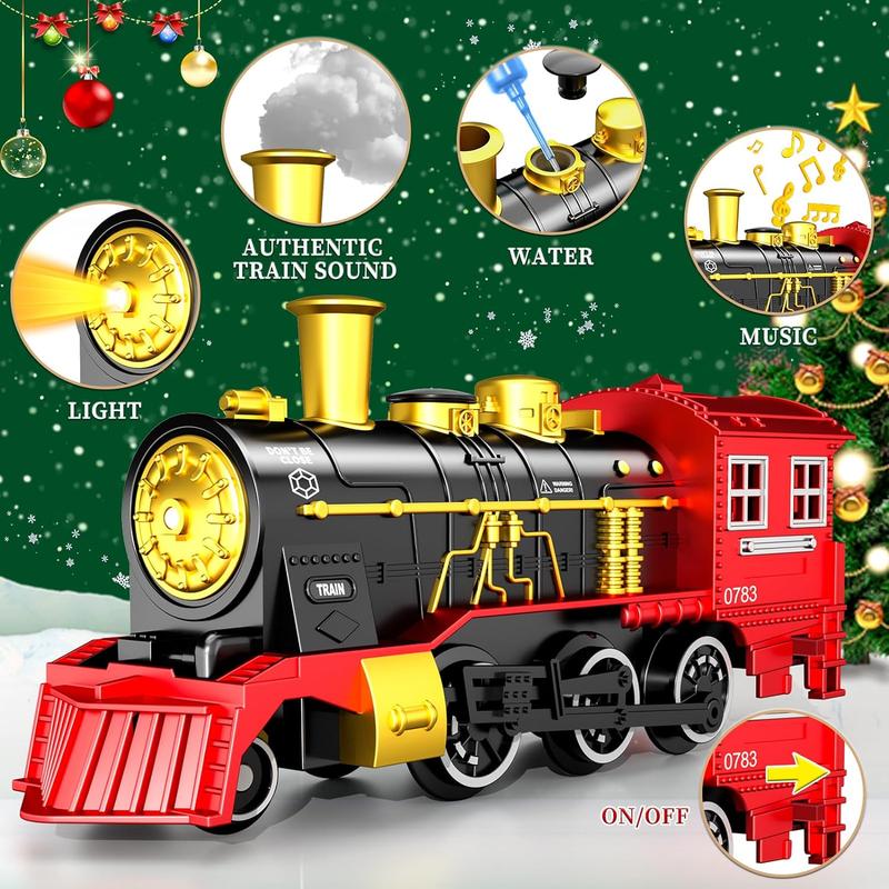 Christmas Gifts Retro Classic Locomotive Engine, Cargo Car and Long Track,Rechargeable Battery Operated Play Train Toys with Smoke, Light&Sounds